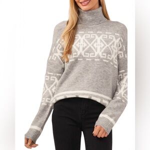 NEW CeCe Women’s Fair Isle Turtleneck Sweater Heather Gray Multi Size Medium NWT